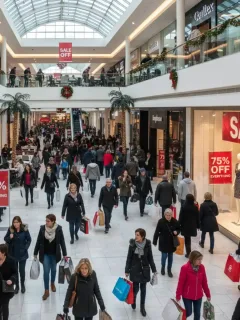 Gente comprando en un centro comercial con carteles de liquidación post-navideña y descuentos de hasta el 75% en Estados Unidos.