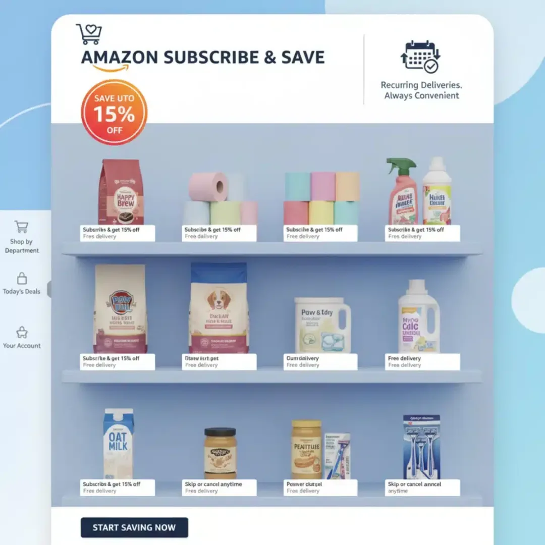 Banner promocional de Amazon Subscribe & Save destacando ahorros y entregas recurrentes.