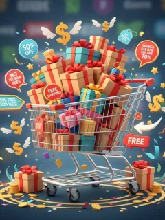 Carro de compras rebosante de paquetes y etiquetas de descuento, simbolizando envíos gratis y devoluciones sin coste en 2025.