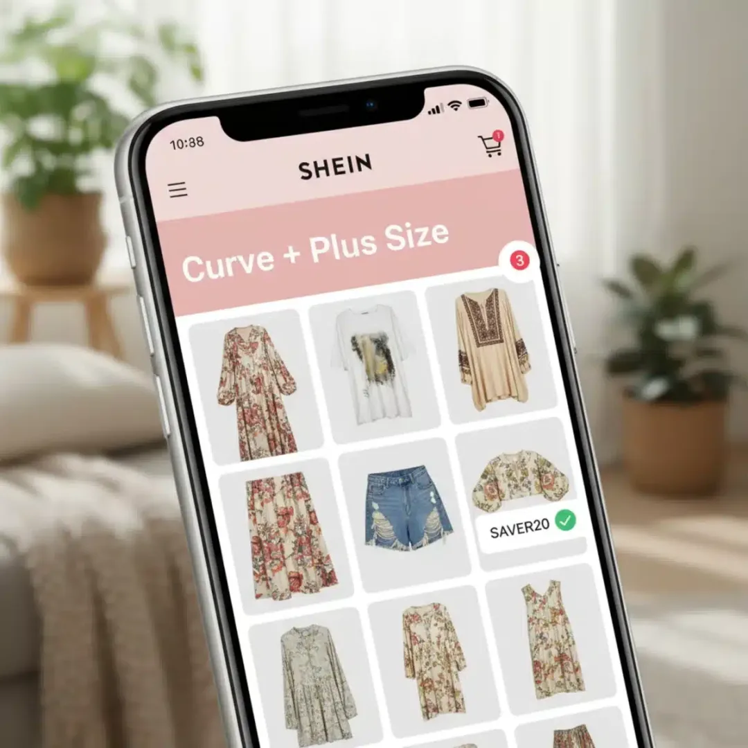 Pantalla de móvil mostrando la sección 'Curve + Plus Size' de la app de SHEIN con un código de descuento aplicado.