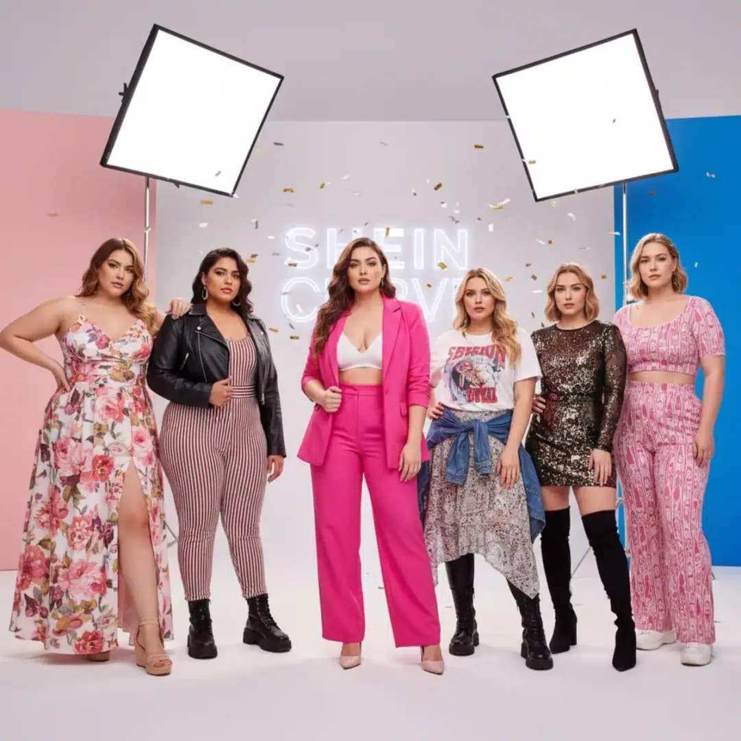 Mujeres diversas posando con confianza en ropa de SHEIN Curve & Plus Size, en un entorno moderno y estilizado.