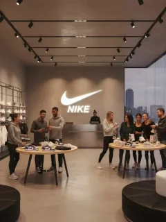 Interior moderno de una tienda Nike con clientes, destacando la experiencia de compra exclusiva para miembros.