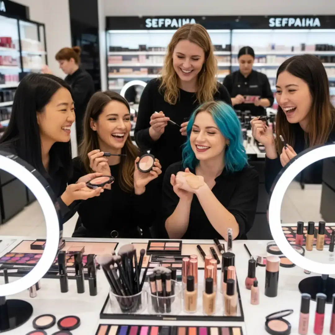 Grupo de amigos probando productos de belleza en una estación de Sephora.
