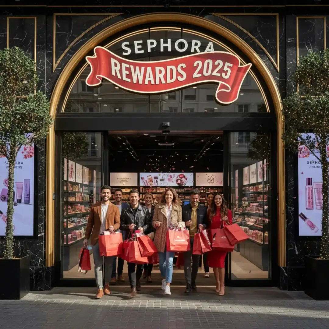 Entrada de una tienda Sephora con un cartel de 'Sephora Rewards 2025' y clientes felices.