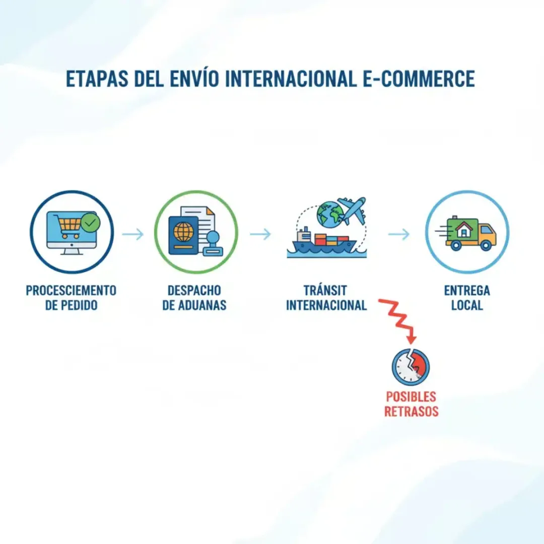 Diagrama explicativo de las etapas del proceso de envío internacional y aduanas para compras online.