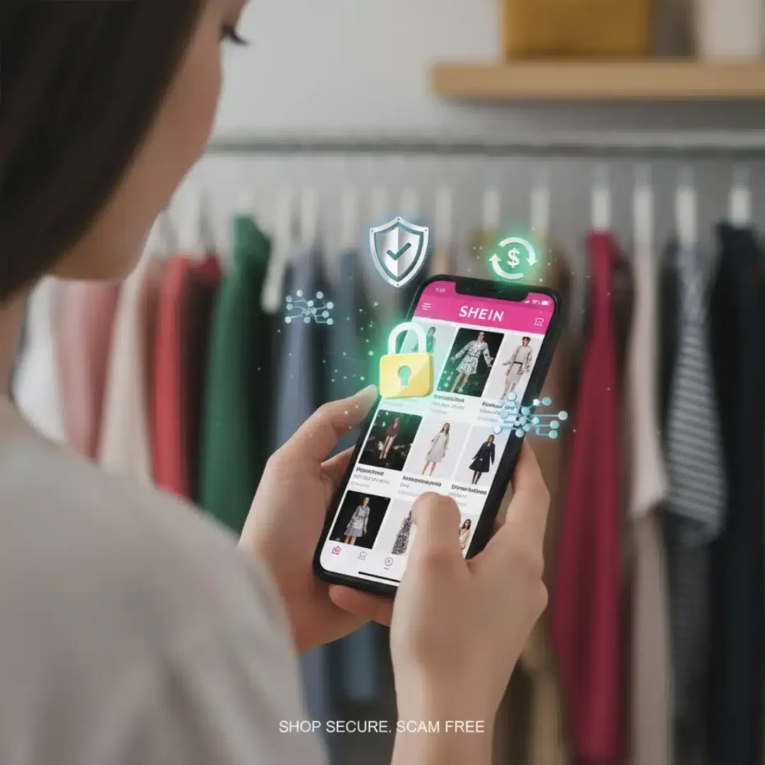 Mujer usando app de SHEIN en smartphone, rodeada de iconos de seguridad, evitando estafas online.