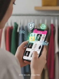 Mujer usando app de SHEIN en smartphone, rodeada de iconos de seguridad, evitando estafas online.