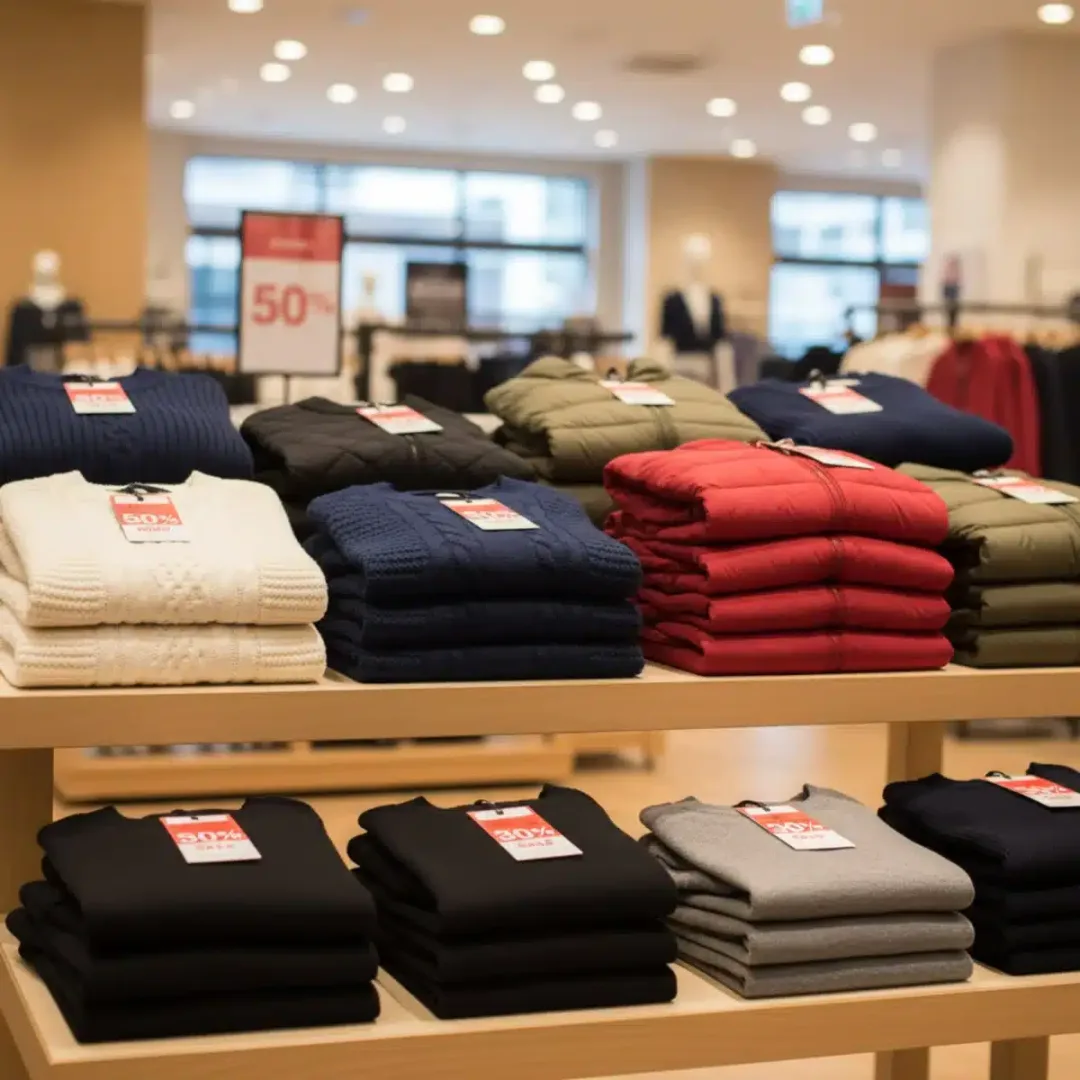 Prendas de ropa de invierno con etiquetas de descuento en una tienda.