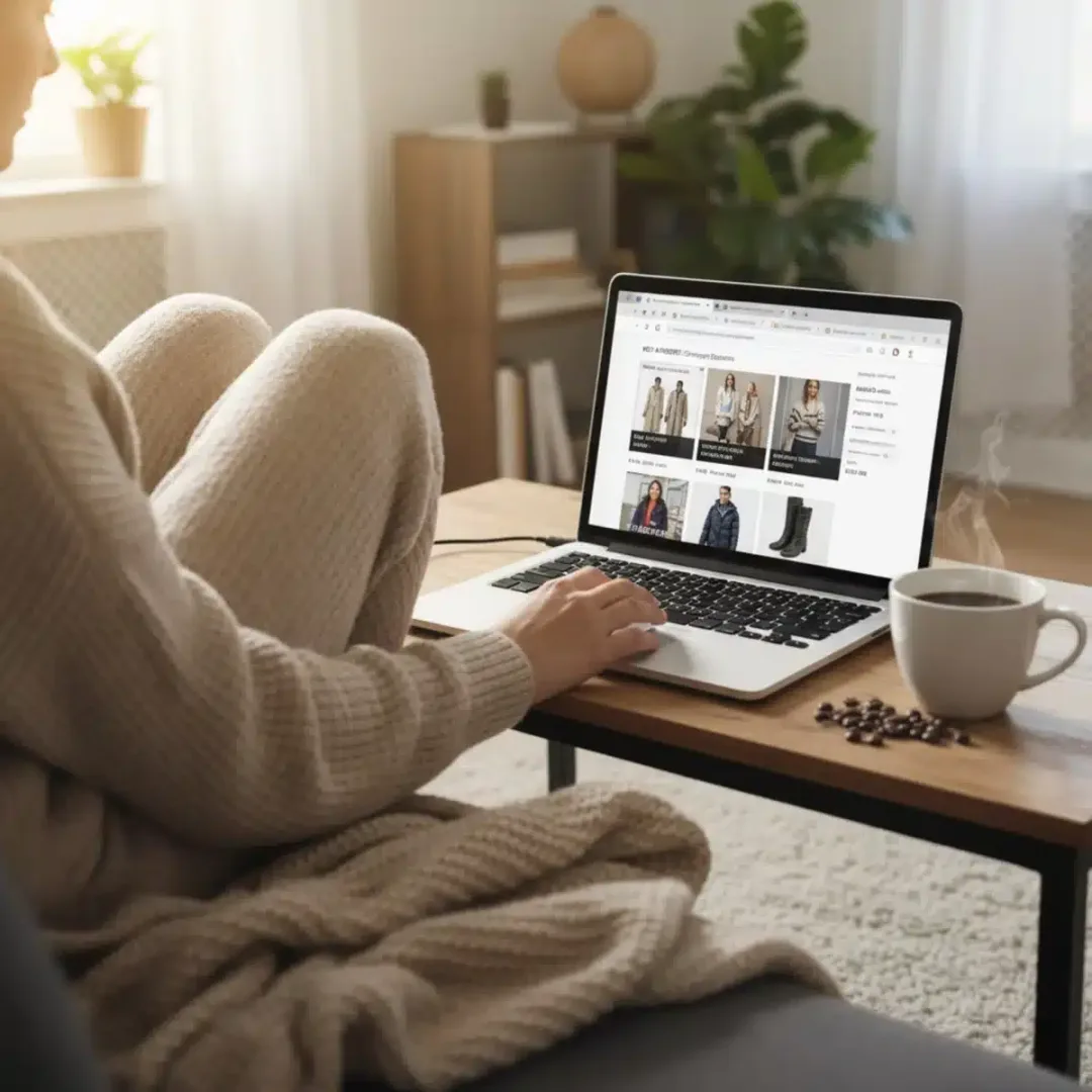 Persona comprando ropa de invierno en línea, navegando por sitios web de moda con ofertas.