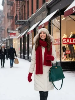 Mujer sonriente con abrigo de invierno y bufanda, caminando por una calle nevada con carteles de rebajas en tiendas.