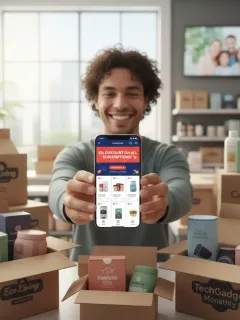 Persona sonriente con teléfono mostrando un 5% de descuento en suscripciones