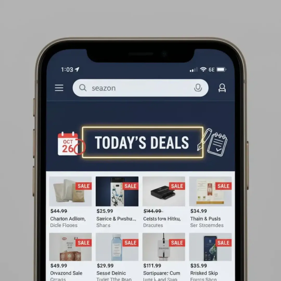 Pantalla de smartphone mostrando la aplicación de Amazon con la sección de ofertas destacada, con un calendario y un bolígrafo, sugiriendo la planificación de compras.