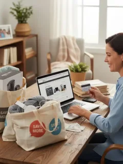Persona sonriendo mientras compra en Amazon con su ordenador portátil, rodeada de bolsas de compra y una tarjeta de crédito, simbolizando el ahorro inteligente.