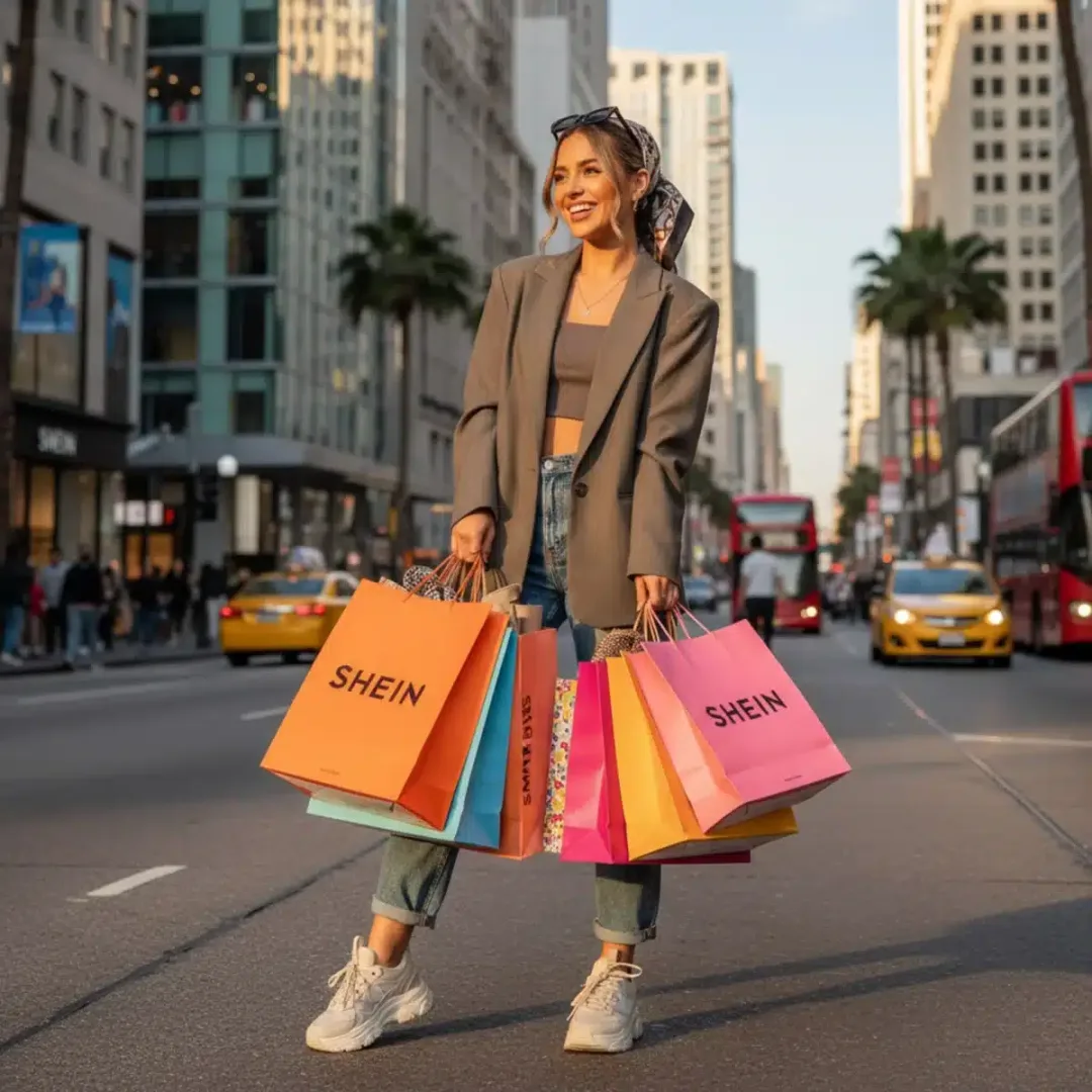 Mujer joven sonriendo con bolsas de compra de SHEIN, mostrando satisfacción por sus ahorros.