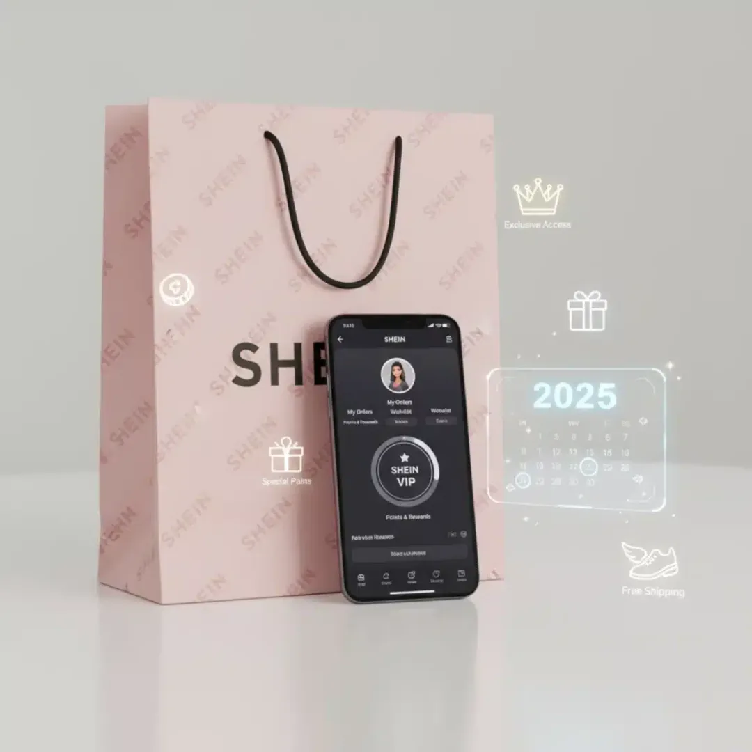 Bolsa de compras de SHEIN con un smartphone mostrando la aplicación y elementos de programa de fidelización, con el año 2025 resaltado.