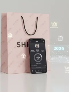 Bolsa de compras de SHEIN con un smartphone mostrando la aplicación y elementos de programa de fidelización, con el año 2025 resaltado.