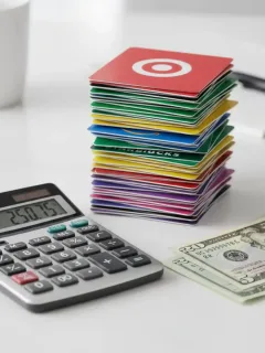 Pila de tarjetas de regalo de varias tiendas, calculadora y billetes, ilustrando el ahorro inteligente.