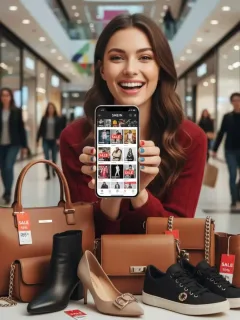 Mujer feliz usando la aplicación de SHEIN con cupones de descuento.