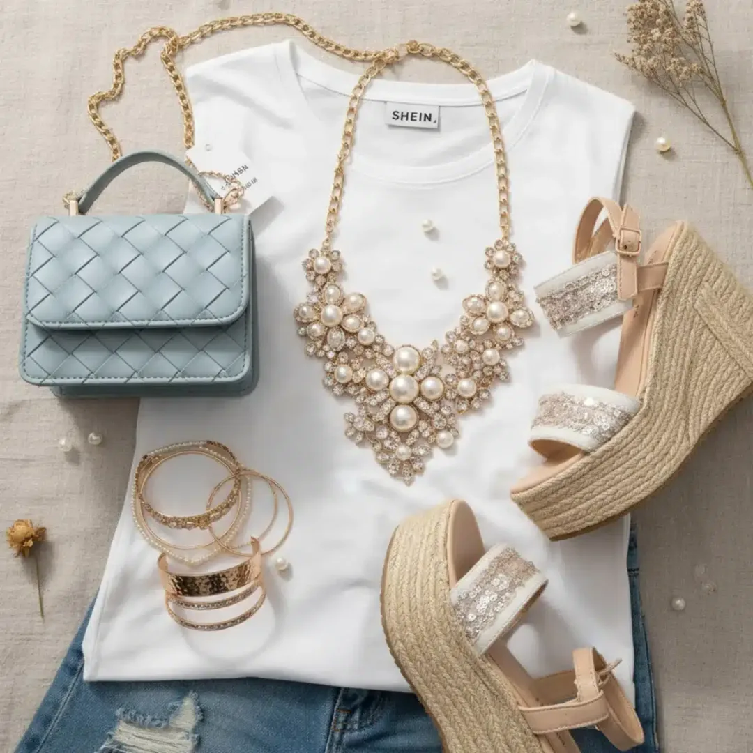 Accesorios de SHEIN como collares, bolsos y zapatos, estratégicamente combinados para elevar cualquier conjunto.