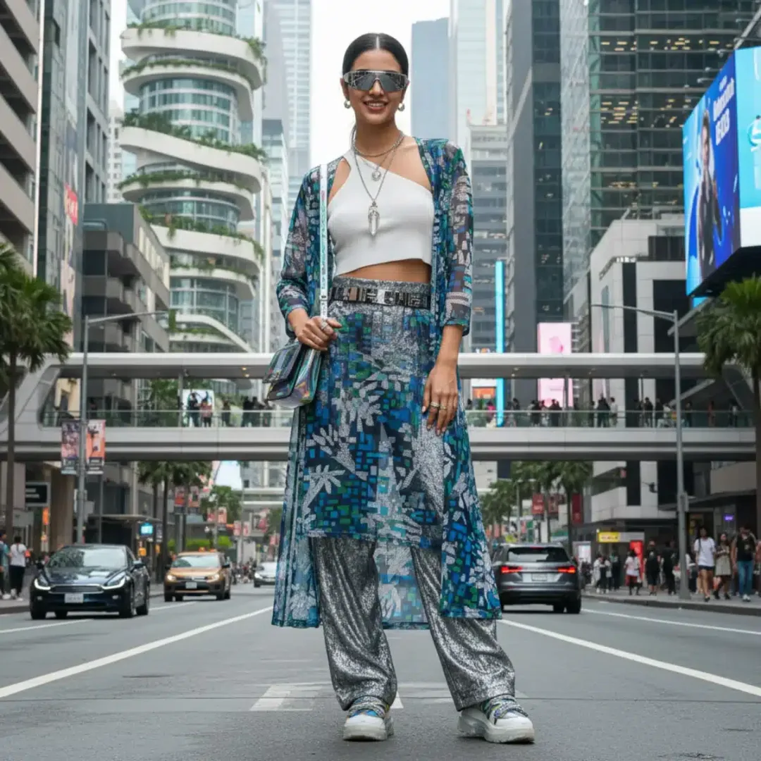 Mujer joven con un outfit moderno y chic de SHEIN, combinando varias prendas y accesorios para un look impactante en 2025.