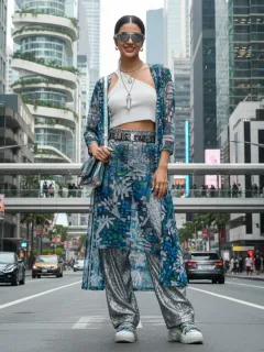 Mujer joven con un outfit moderno y chic de SHEIN, combinando varias prendas y accesorios para un look impactante en 2025.