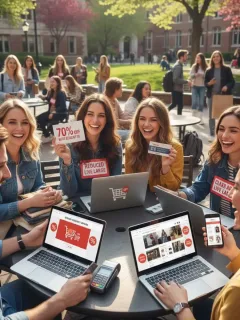 Estudiantes universitarios sonrientes aprovechando descuentos en Estados Unidos con dispositivos tecnológicos y ropa.