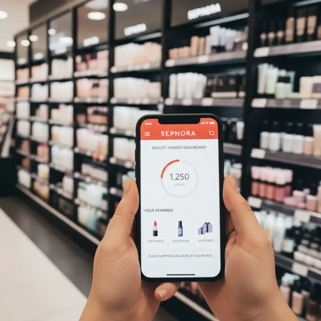 Persona consultando la aplicación de Sephora con su panel de Beauty Insider y puntos acumulados.
