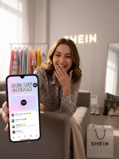 Mujer joven viendo SHEIN Live en su teléfono con gráficos de cupones de descuento del 50%.