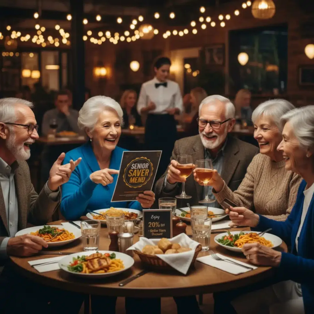 Grupo de amigos mayores compartiendo una comida en un restaurante con descuentos para la tercera edad.