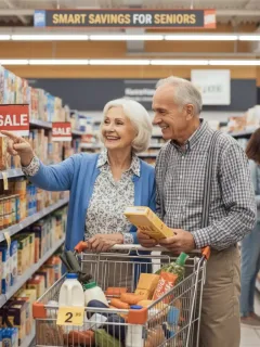 Pareja mayor sonriendo mientras compra en un supermercado, aprovechando descuentos para mayores de 55 años.