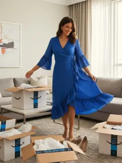 Mujer probándose ropa de Amazon Prime Wardrobe en su salón con cajas de envío.