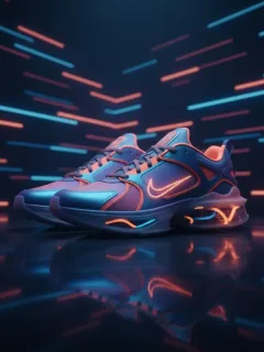 Primer plano de unas nuevas zapatillas Nike futuristas con colores vibrantes, sobre una superficie oscura y elegante.