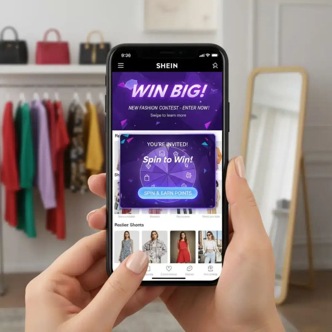 Pantalla de smartphone mostrando la aplicación SHEIN con anuncio de concurso.
