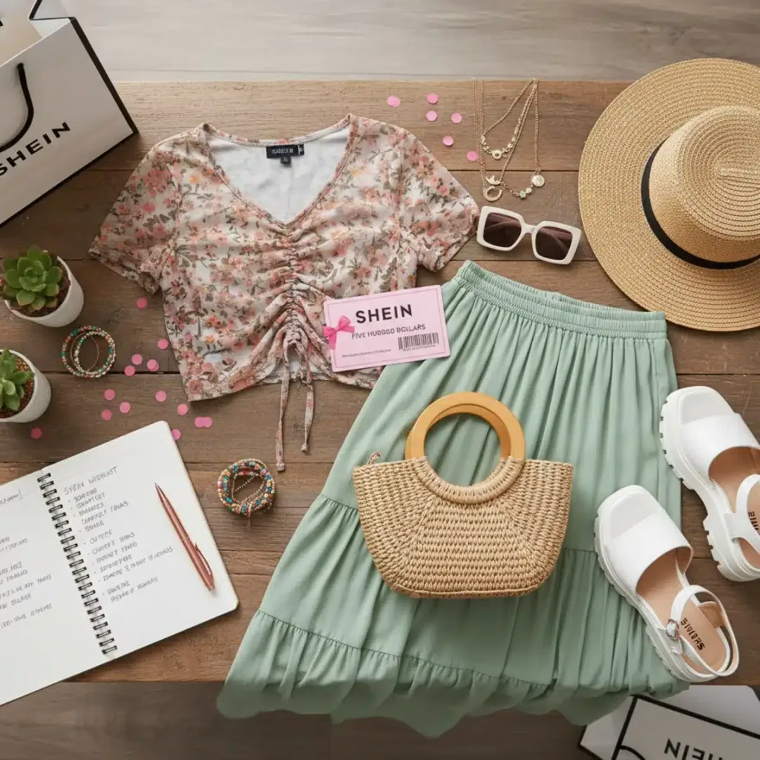 Composición de prendas SHEIN y una tarjeta de regalo de 0, simbolizando el premio.