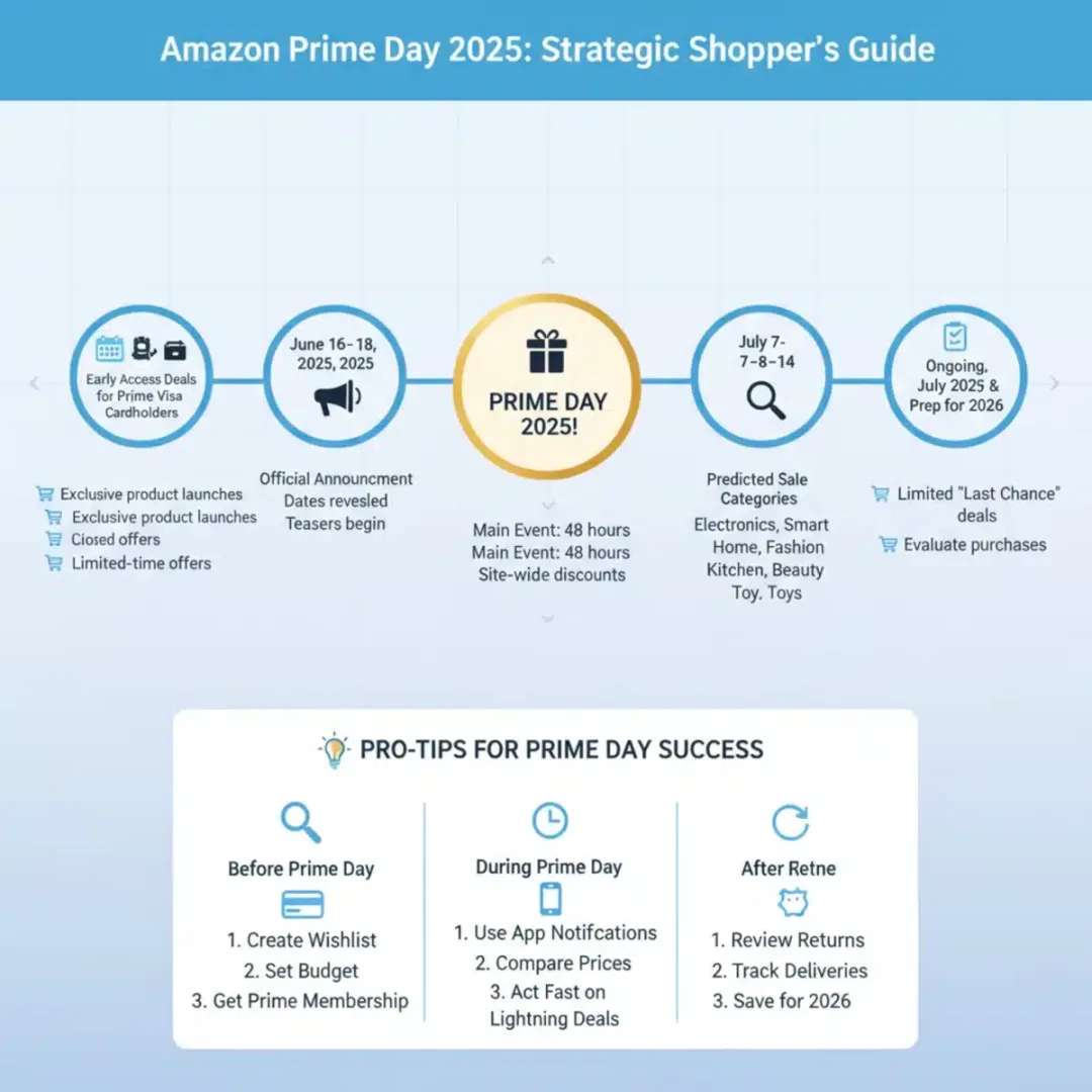 Infografía con fechas clave y predicciones para Amazon Prime Day 2025, destacando la planificación estratégica.