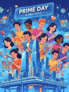 Gente entusiasmada aprovechando las ofertas de Amazon Prime Day 2025 con dispositivos electrónicos y símbolos de compra.