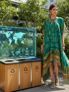 Mujer vistiendo ropa sostenible de SHEIN en un entorno que simboliza la moda ética y el compromiso ambiental.