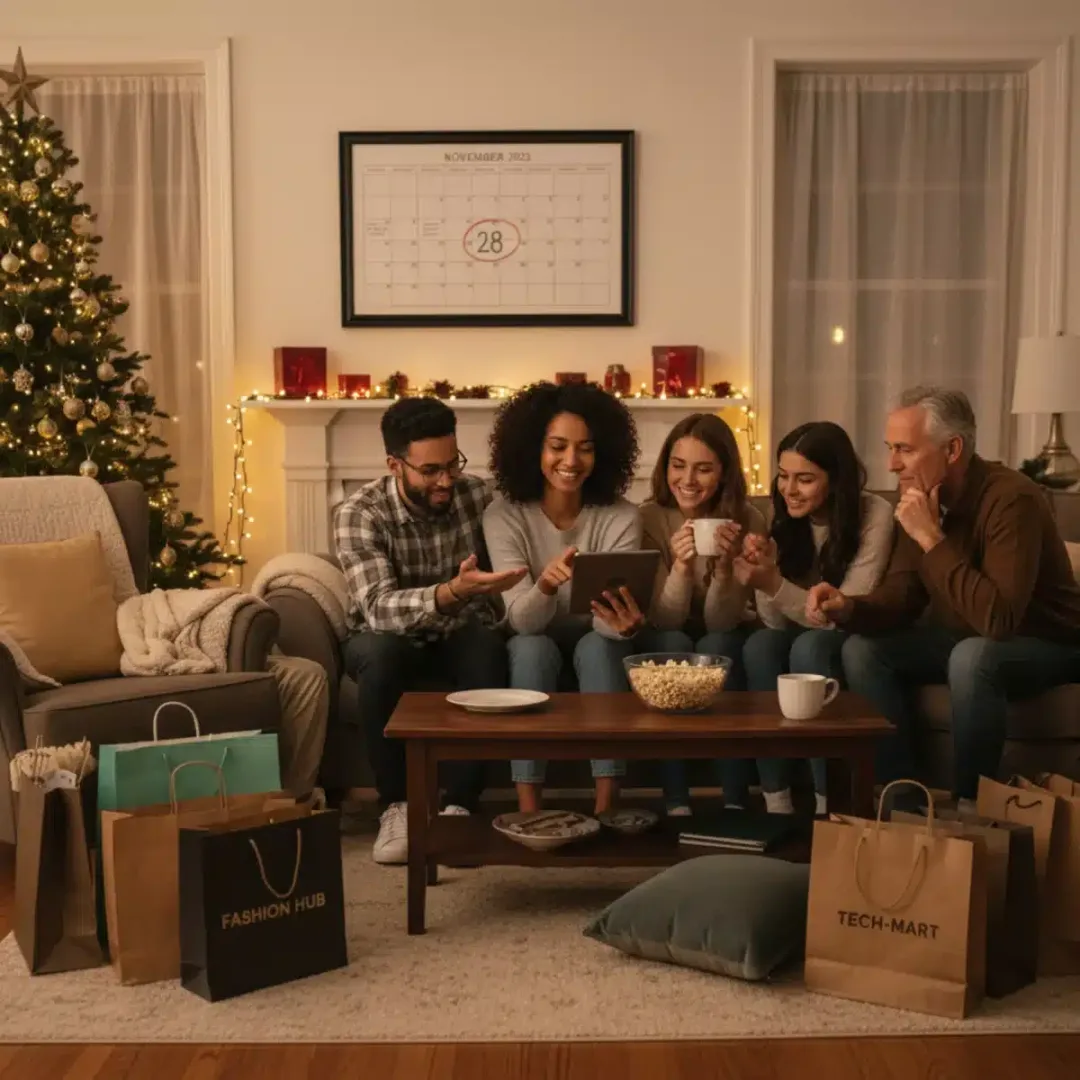Grupo de personas comparando ofertas del Black Friday 2025 en una tablet