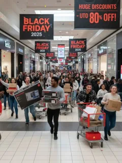 Compradores emocionados buscando ofertas en una tienda durante el Black Friday 2025 en Estados Unidos