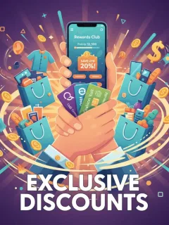 Manos sosteniendo tarjetas de fidelidad y un smartphone con una aplicación de puntos, rodeadas de bolsas de compra y signos de dólar, simbolizando descuentos exclusivos y ahorros de hasta el 20% en programas de recompensas.