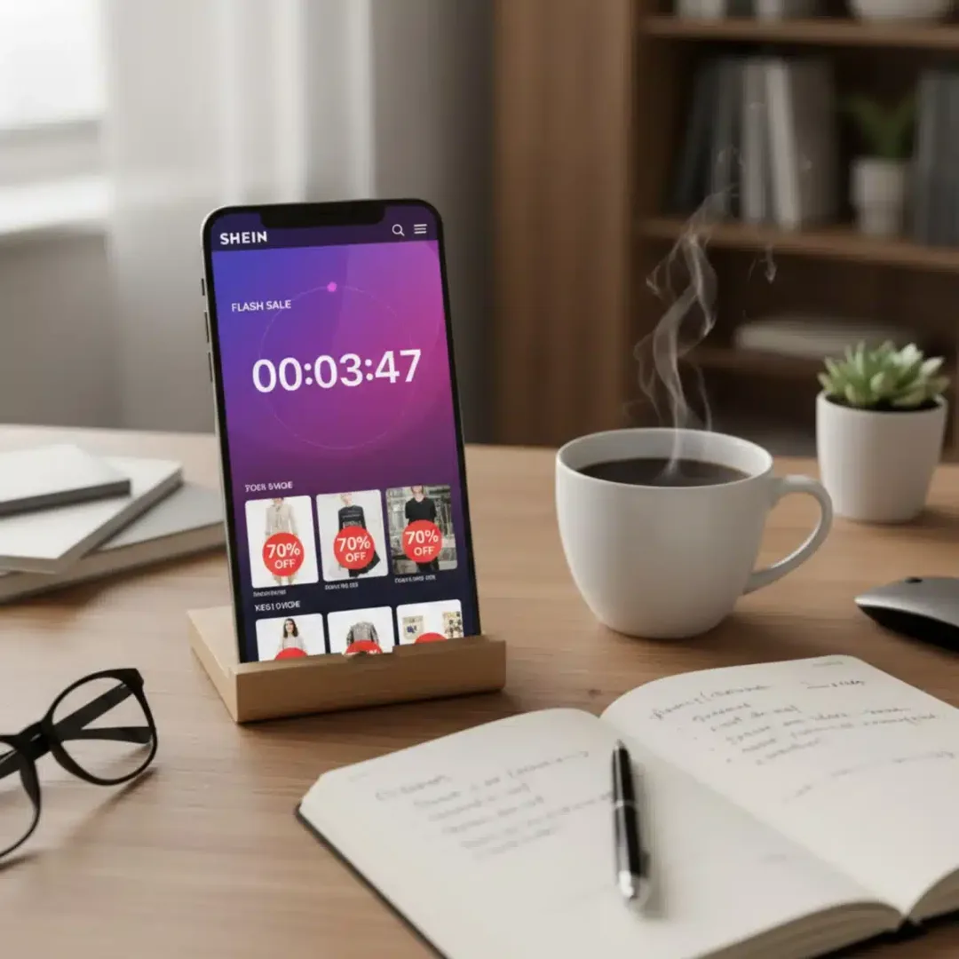 Pantalla de smartphone mostrando una cuenta regresiva de venta flash de SHEIN con un 70% de descuento.