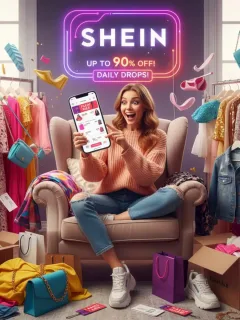 Mujer emocionada comprando en línea en SHEIN, aprovechando las ventas flash con grandes descuentos.