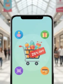 Pantalla de smartphone con iconos de apps de descuentos y un carrito de compras, simbolizando el ahorro.