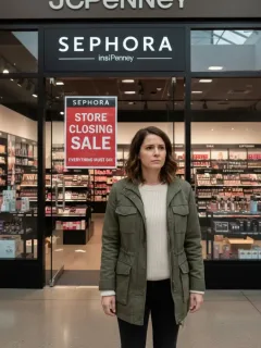 Mujer frente a un Sephora Inside JCPenney con cartel de cierre, pensativa sobre el futuro de sus compras de belleza.