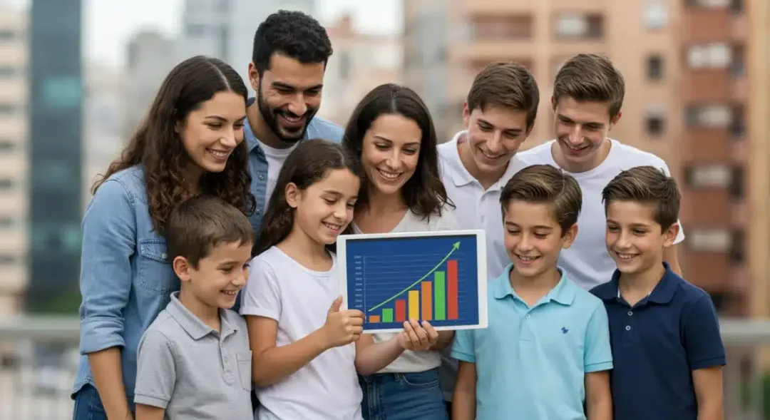 Familia numerosa española feliz revisando ahorros en tableta