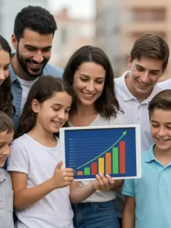Familia numerosa española feliz revisando ahorros en tableta
