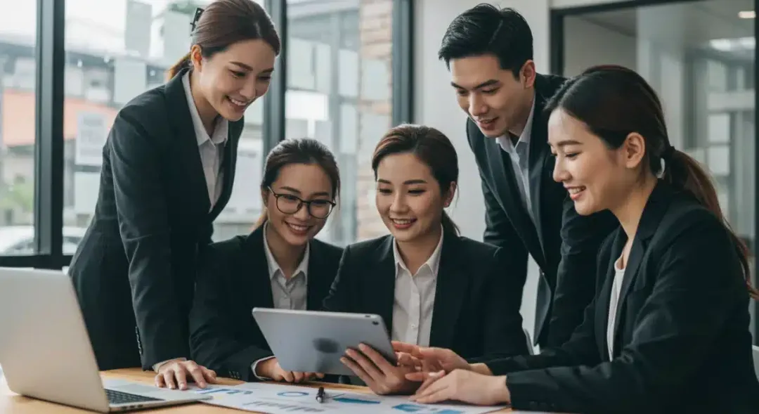 Equipo de negocios revisando informes financieros y celebrando ahorros