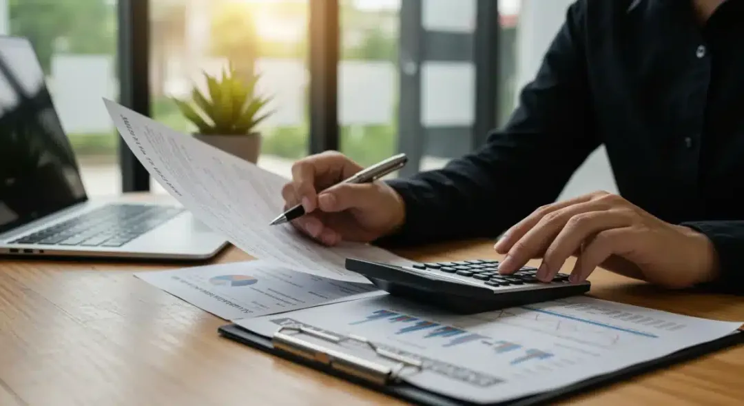 Persona revisando documentos financieros y usando una calculadora para planificar ahorros con ayudas gubernamentales en España.
