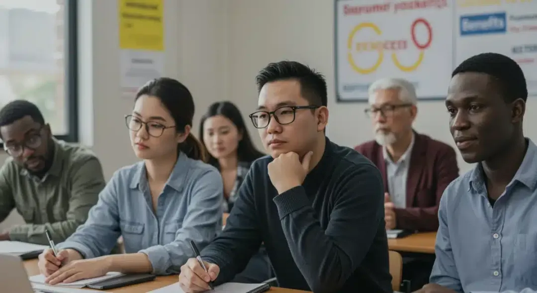 Grupo de personas diversas asistiendo a una sesión informativa sobre beneficios y descuentos gubernamentales en España.