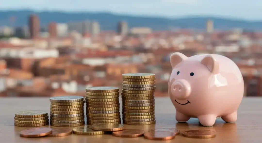 Pila de monedas de euro y hucha, representando el ahorro en suscripciones en España.